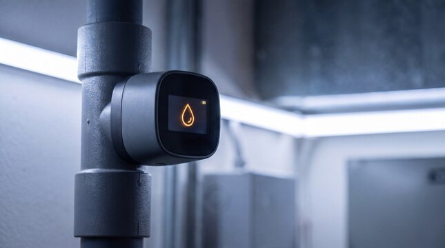 Smart water flow sensor device with lit droplet icon installed on black pipe, generative AI