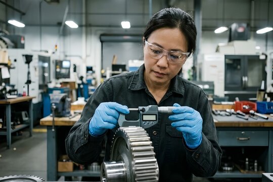 Quality control inspector measuring CNC machined metal gear with digital micrometer