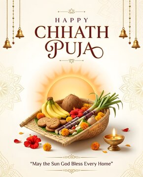 Traditional bamboo basket with fresh fruits and sugarcane for chhath puja, Indian festive
