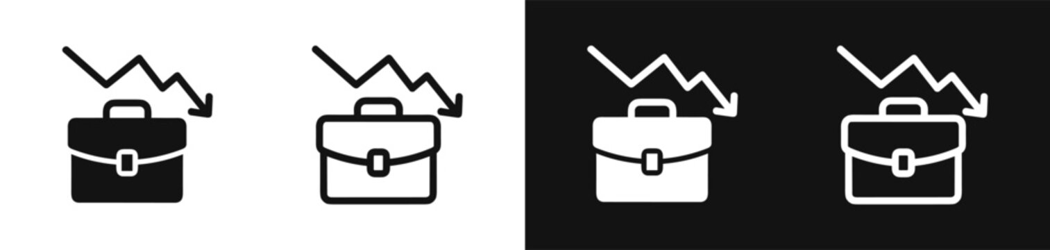 Set of business briefcase crisis fall down icons in glyph and outline style