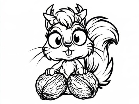 Cute cartoon squirrel character holding two large walnuts in paws, black and white line art illustration for children coloring book page, outline drawing isolated on clean white background artwork