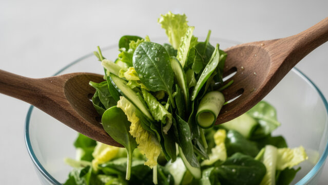 Tossing fresh green salad with wooden utensils in glass bowl close up