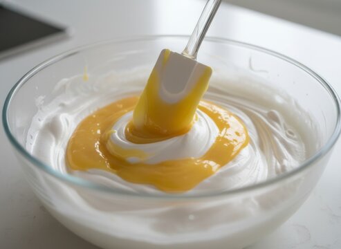 White silicone spatula folding yellow lemon curd into fluffy meringue in glass bowl