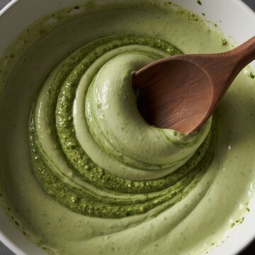 Wooden spoon swirling creamy green basil pesto sauce in white bowl