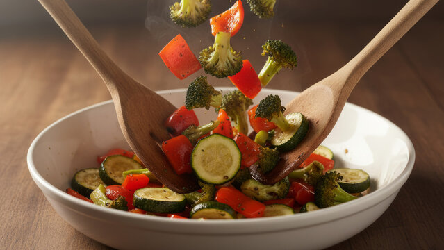 Wooden spoons tossing roasted broccoli red bell pepper and zucchini in white bowl
