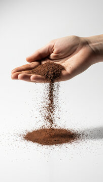 Baker hand pouring brown cocoa powder or ground coffee onto white surface