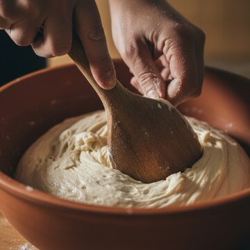 Hands mixing bread dough with wooden spoon in terracotta bowl close up