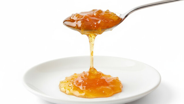 Metal spoon dripping golden orange marmalade jam onto white plate