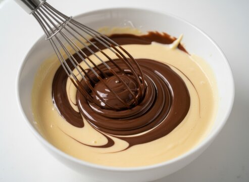 Metal wire whisk swirling melted dark chocolate sauce into cake batter in white bowl