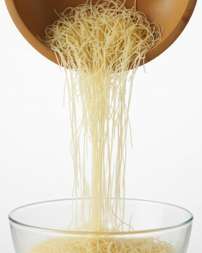 Pouring dry vermicelli noodles from wooden bowl into glass bowl on white background
