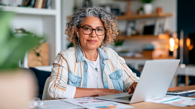 Mature professional woman working on laptop at home office, wearing glasses and earphones while reviewing financial charts and managing business remotely
