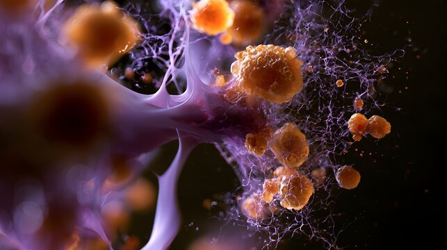 Microscopic view of cells connected by purple filaments