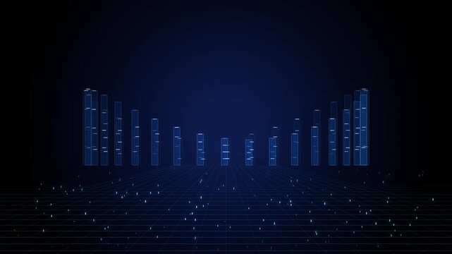 Abstract equalizer audio bars moving on dark blue futuristic grid bar sound