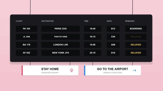 Digital flight information board with passenger advisory notices