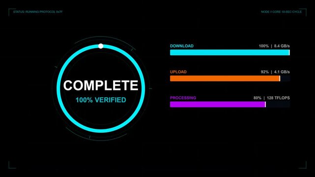 System sync progress circle with download and upload speed meters