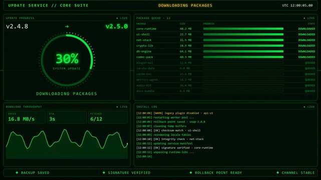 Green Neon Software Update Installing Screen With Progress Circle And Package Queue.