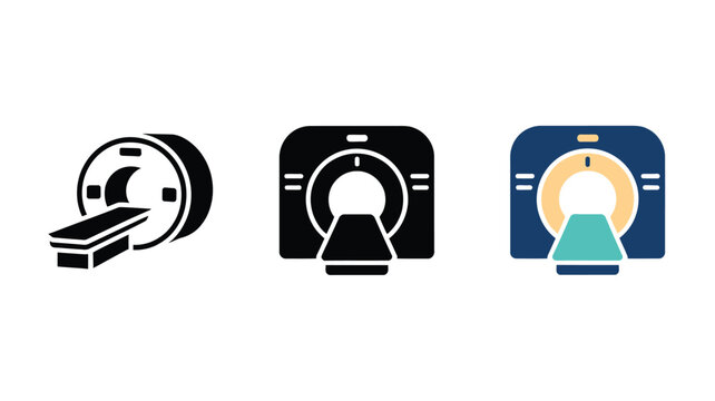 Set of mri scanner icons showing medical imaging equipment in flat and glyph styles for healthcare diagnostics