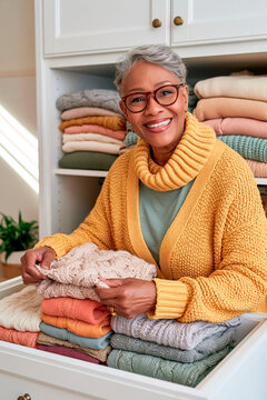 Senior woman smiling while organizing folded sweaters in a wardrobe at home, enjoying seasonal clothing storage and a tidy cozy lifestyle
