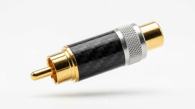 Elegant gold plated RCA audio connector with a carbon fiber pattern for high fidelity sound systems