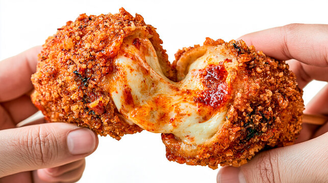 Crispy fried cheese snack pulled apart by hands with melted mozzarella and spicy red sauce stretching against a clean white background