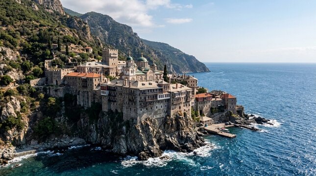 Monastery On Cliff Overlooking Aegean Sea, Mount Athos, Greece