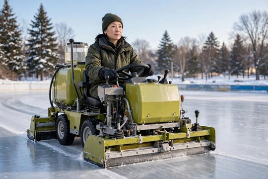 Woman driving ice resurfacer on bright outdoor ice rink