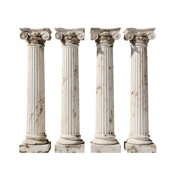 Four weathered, classical marble columns stand in a row against a white background.