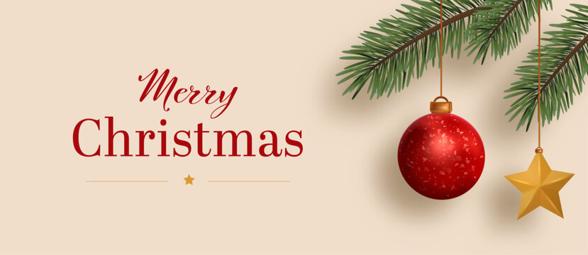 Merry Christmas Greeting Card with Red Bauble and Golden Star Hanging from Fir Branches on Beige Background Editable Vector Illustration. Holiday Banner