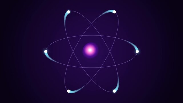 Glowing Atom Model With Orbiting Electrons On Dark Purple Background Abstract Science Animation Loop