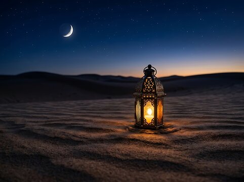 Desert landscape at night with crescent moon and lit lantern.
