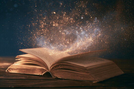 An open antique book rests beneath a luminous field of stars and a glowing galaxy, blending the tactile beauty of aged pages with cosmic imagery to evoke imagination, magic and the infinite possibilit