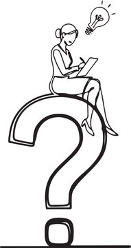 A woman sitting on a big question mark symbol and a light bulb. Reliable analyst problem solver. One line art icon drawing