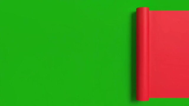 Abstract motion background with red paper scroll unrolling and rolling on green background