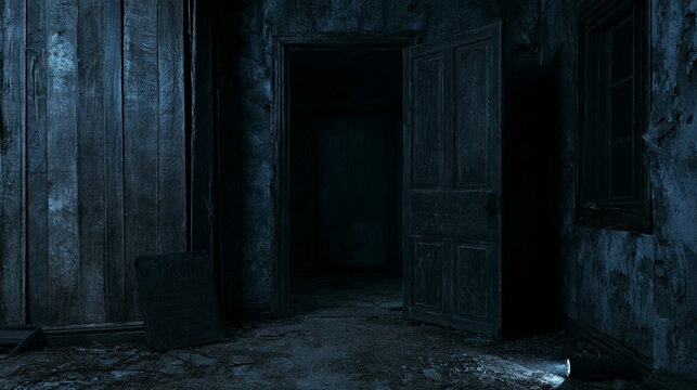 An open blue door reveals a narrow strip of cold light in a dark, empty room, creating a mysterious cinematic scene that suggests escape or discovery.