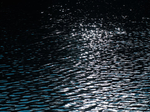 Dark rippling water surface with sparkling sunlight reflections and glittering highlights, moody abstract black and silver wave texture, calm lake or river at dusk