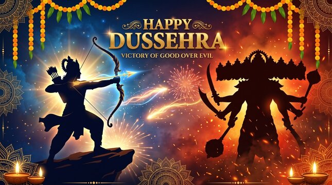 Silhouette of Lord Rama aiming bow at Ravana celebrating Happy Dussehra victory of good over evil