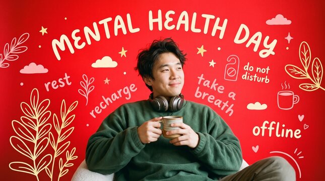 Asian man relaxing with coffee surrounded by Mental Health Day typography and doodles on red background