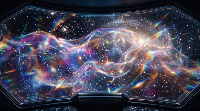 Spaceship Cockpit Window Showing Iridescent Cosmic Nebula Galaxy