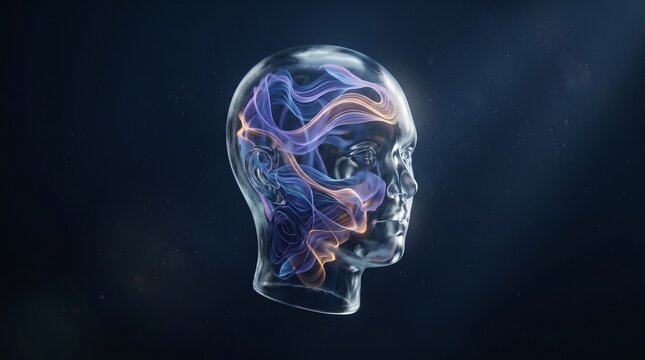 3D render of a transparent glass human head with colorful glowing smoke flowing inside its brain