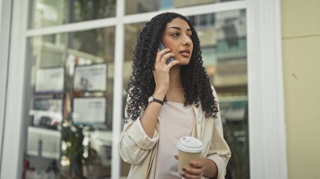 Young arab woman holding coffee cup and phone to ear, hand visible, looking aside on a street; calm contemplation.