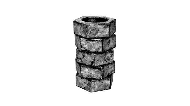 stack of 3d hexagonal mental nuts spinning on white background video. old bolt. rusty fastener.
