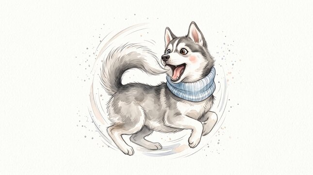 Cute Siberian Husky puppy with heterochromia wearing light blue scarf chasing its tail watercolor illustration, generative AI   