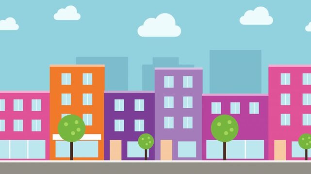 Vibrant flat vector cityscape with colorful buildings and trees