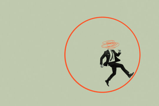 Businessman running inside orange circle with scribble head concept illustration