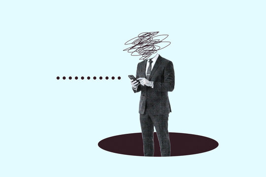 Businessman in suit using smartphone with scribble head conceptual illustration