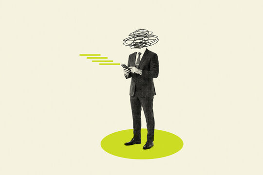 Businessman using smartphone with scribble head conceptual illustration against light background