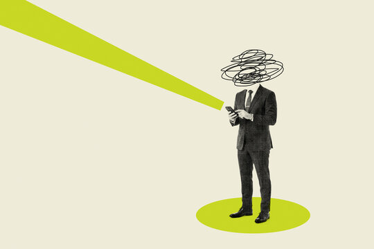 Businessman using smartphone with scribble head and light beam conceptual illustration