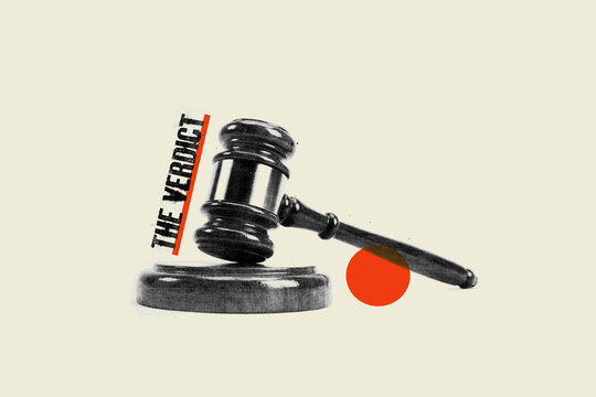 Wooden judge gavel and sound block with text the verdict concept illustration