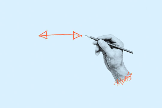 Hand drawing double sided arrow with pencil on light blue background