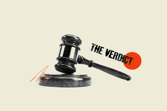 Wooden judge gavel and sound block with the verdict text conceptual illustration